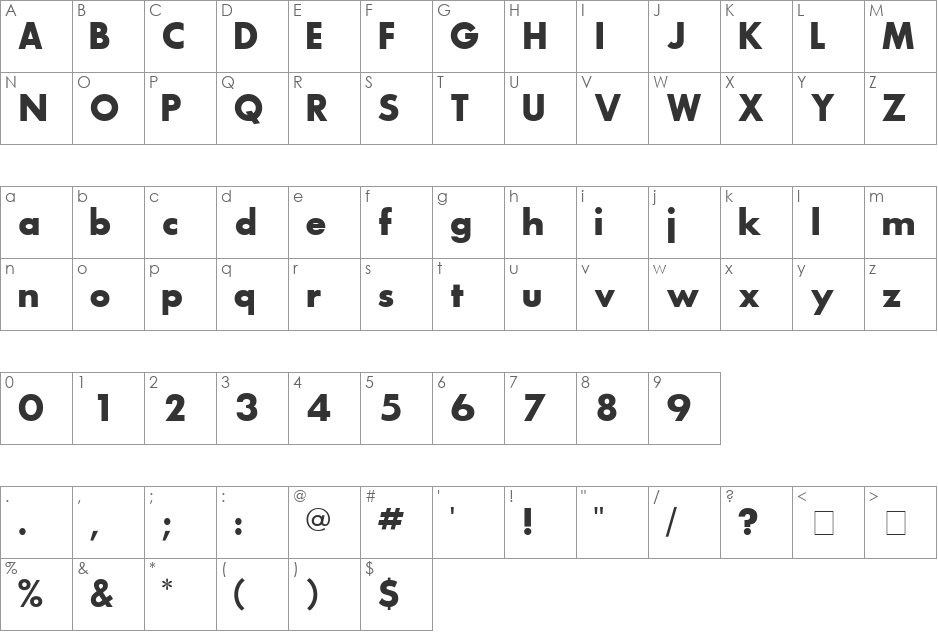 Aventura Heavy font character map preview