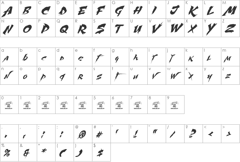 Martyric Personal Use Only font character map preview