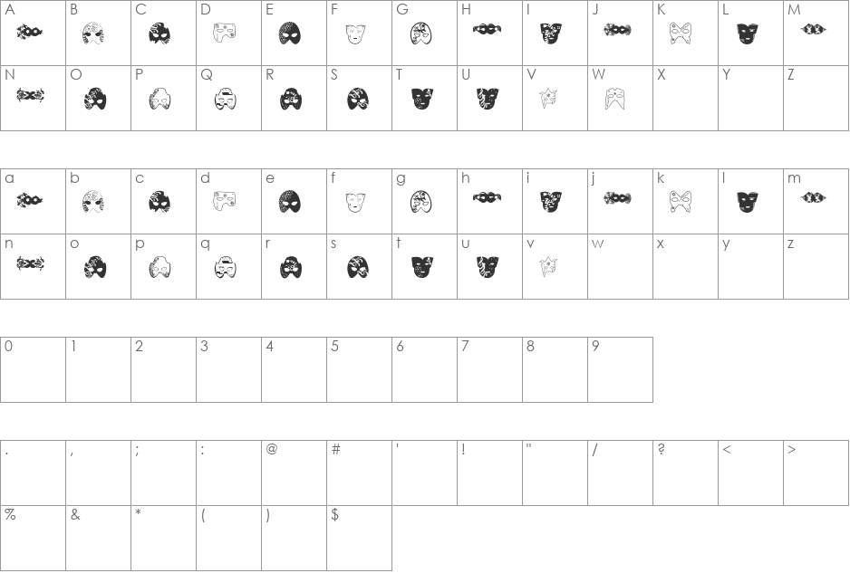 Mascaras de Veneza font character map preview