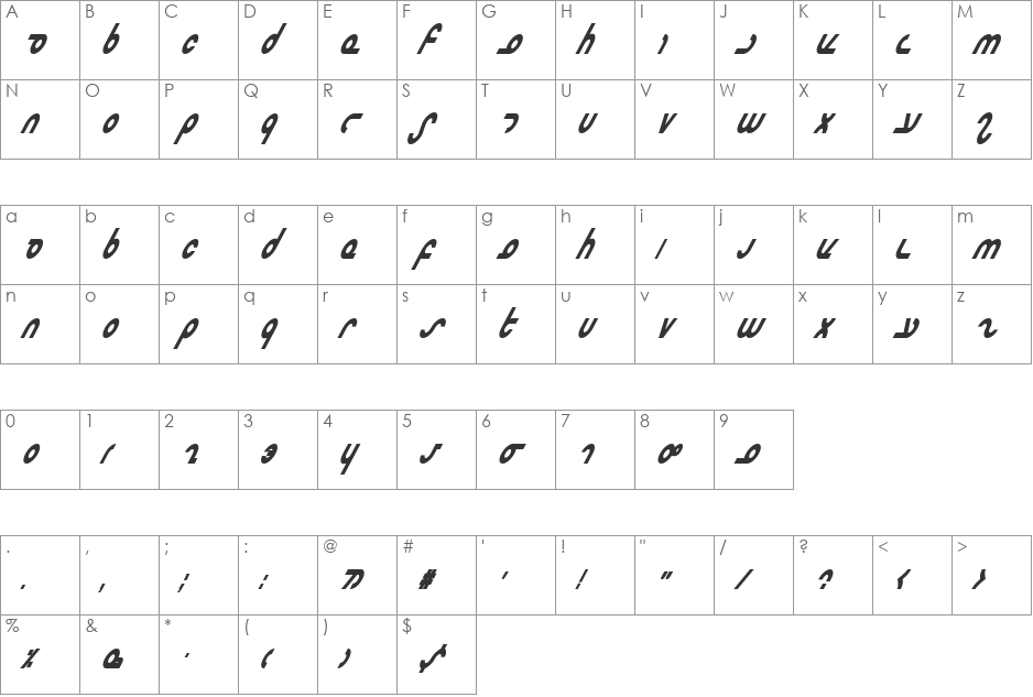 Masterdom Condensed Bold Italic font character map preview