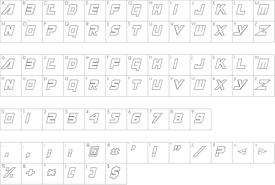 Masterforce font character map preview