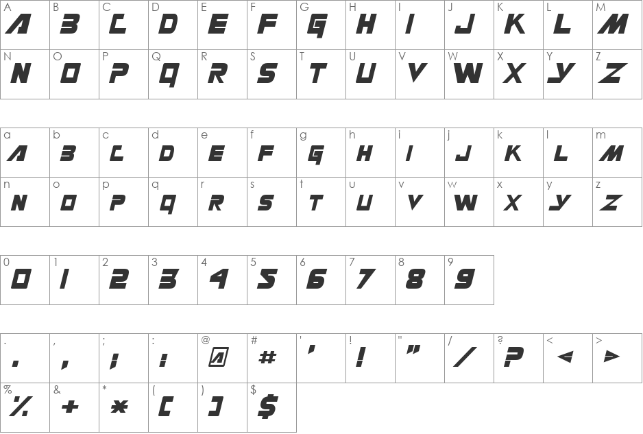 Masterforce font character map preview