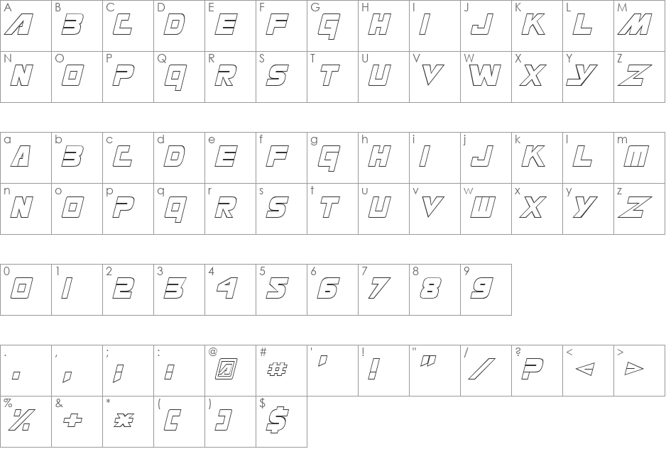 Masterforce Hollow font character map preview