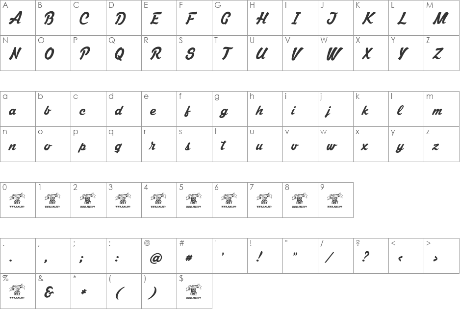 Mastoc Personal Use Only font character map preview