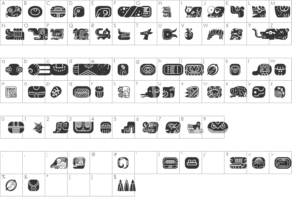 mayan glyphs fill font character map preview