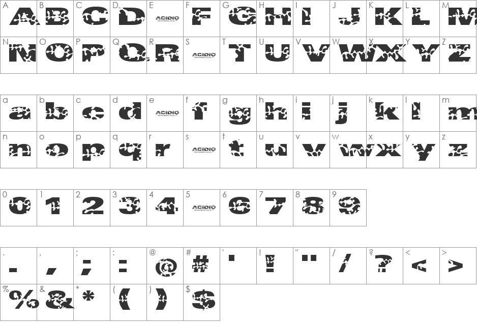 Acidio amore font character map preview