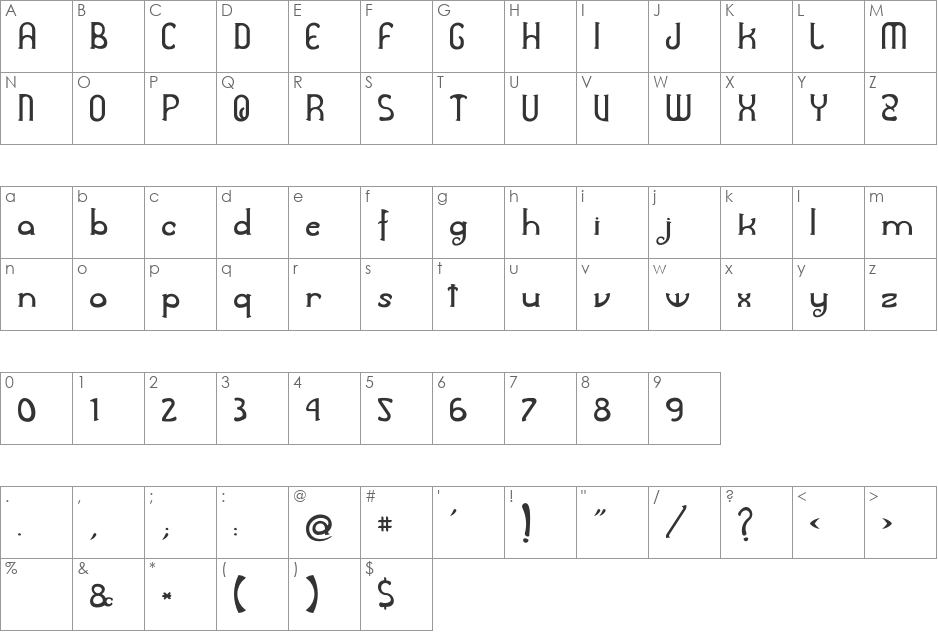 Awelita font character map preview