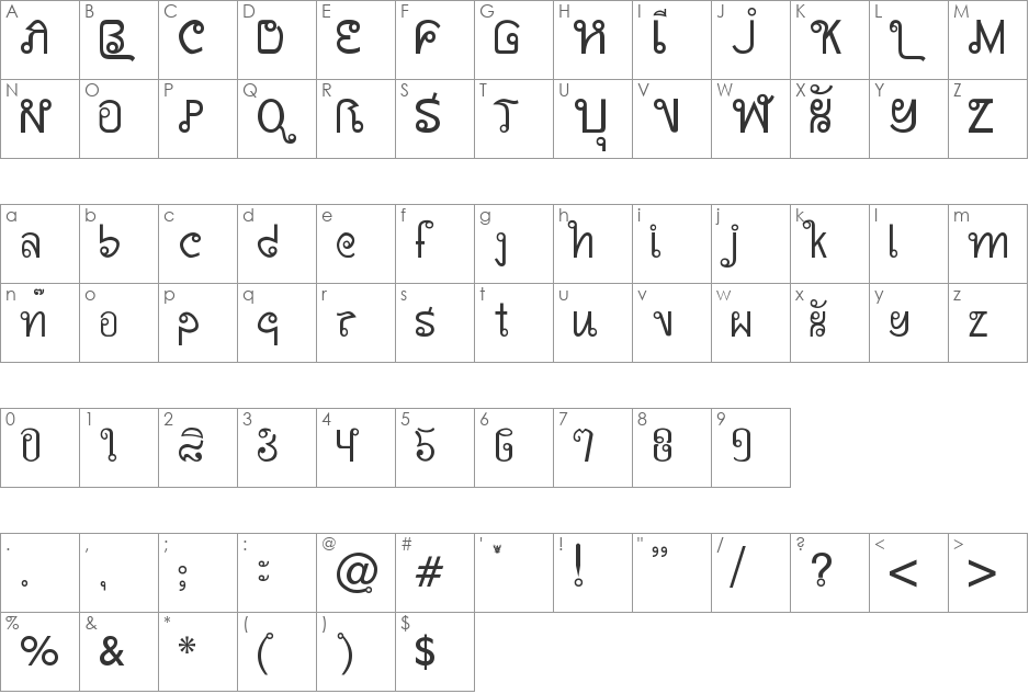 AWSiamEnglishnotThai font character map preview