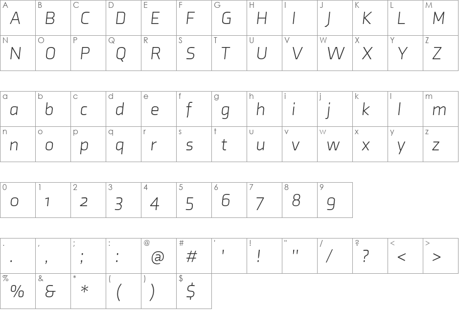 Axia Light font character map preview