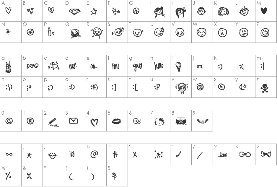 MeganBats font character map preview