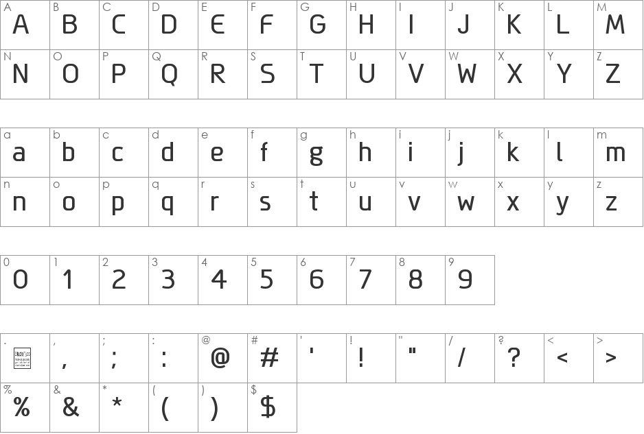 Megi Sans Narrow font character map preview