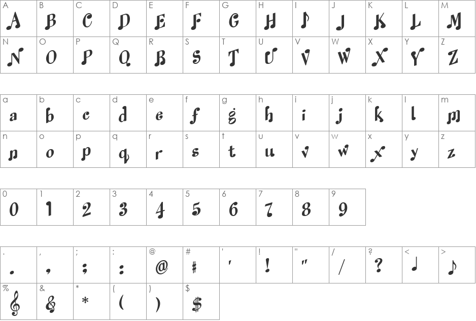 Melody MakerNotes Only font character map preview