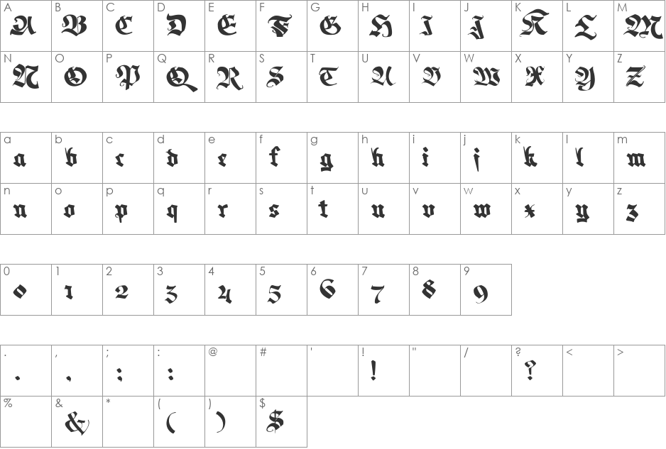 Memela Fraktur font character map preview