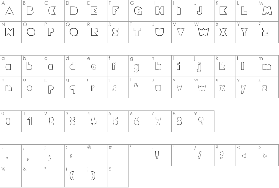 Merrily outlines font character map preview