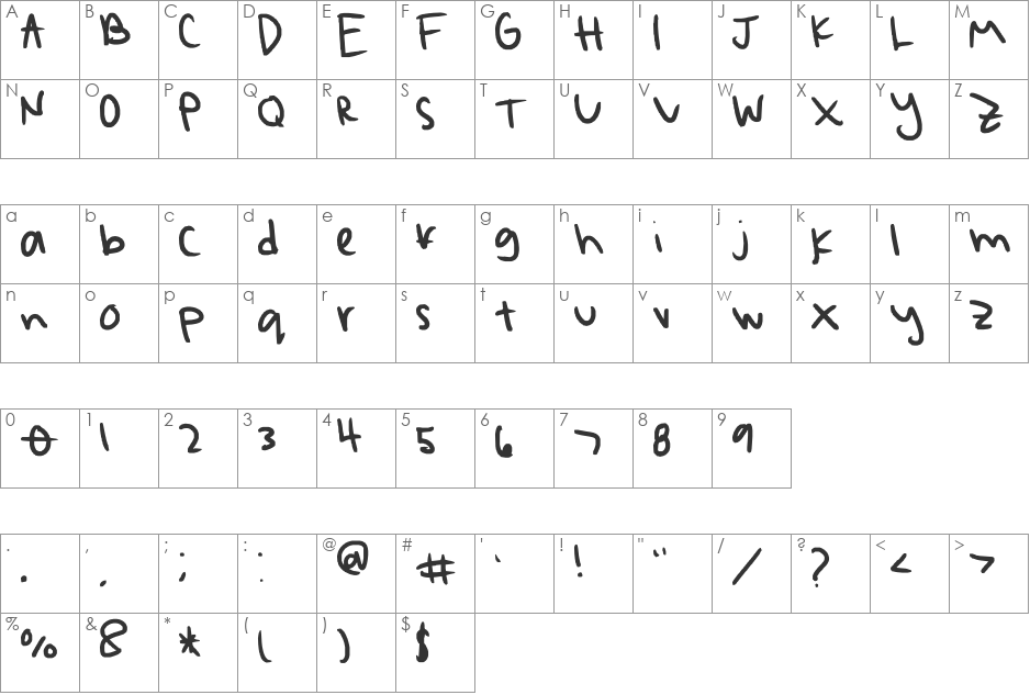 messy font character map preview