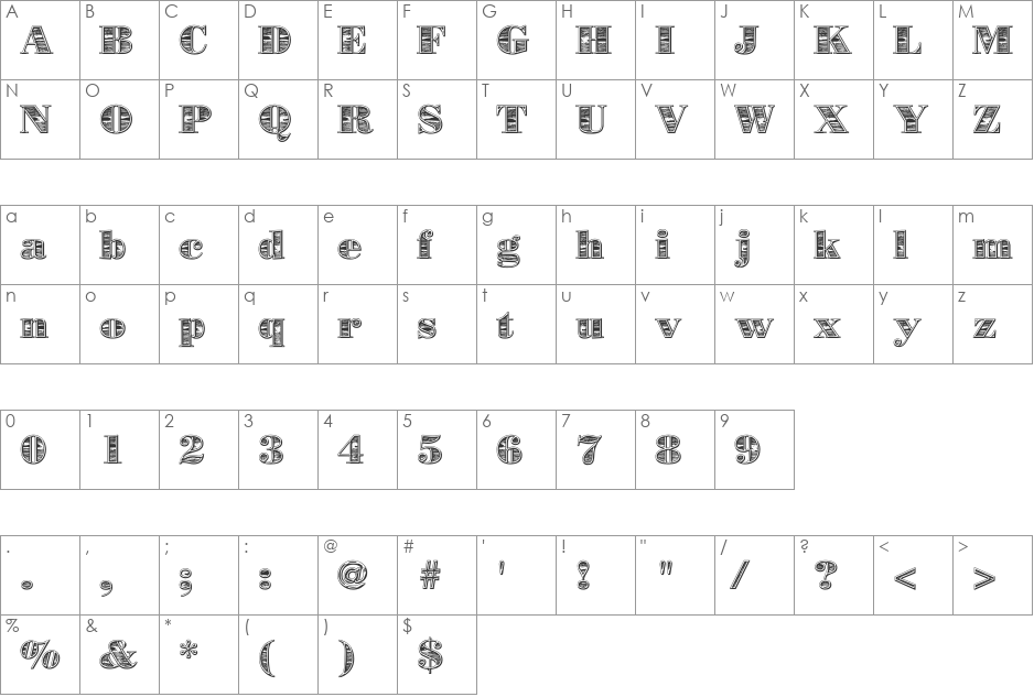 Metilius 'BongoWood' font character map preview