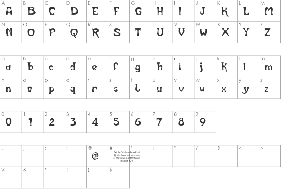 Metropolitain Tryout font character map preview