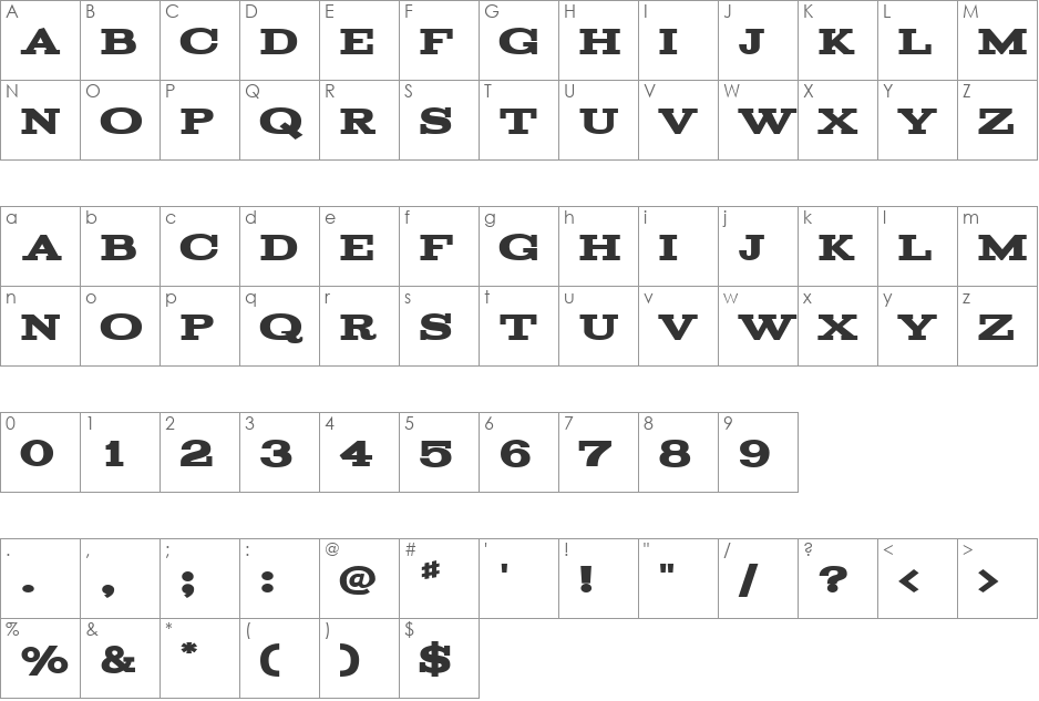 Acknowledgement font character map preview