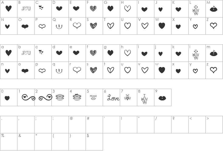 MF Love Dings font character map preview