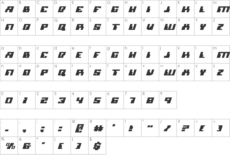 Micronian Expanded Italic font character map preview