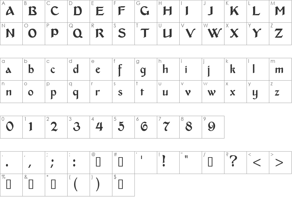 MiddleAges font character map preview