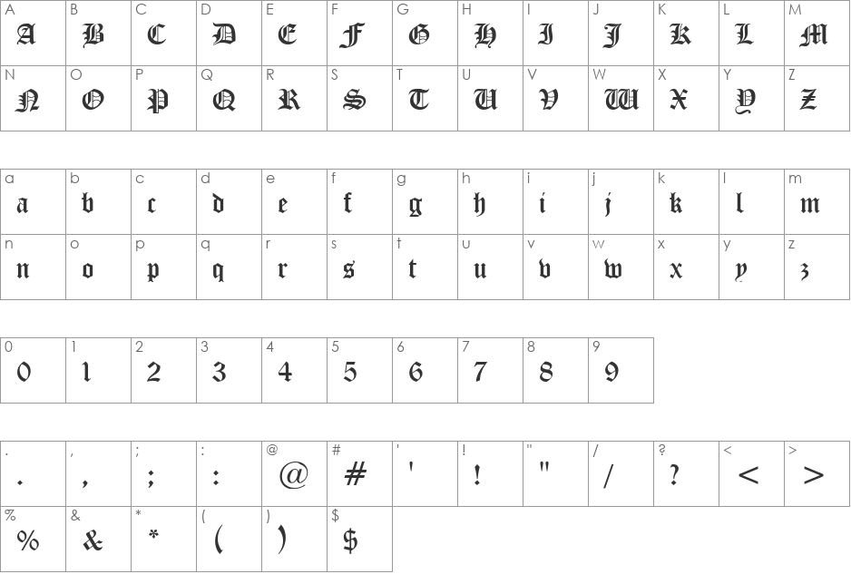 Midevil font character map preview