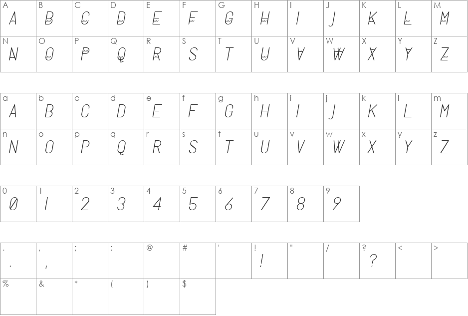 Milano Typeface font character map preview