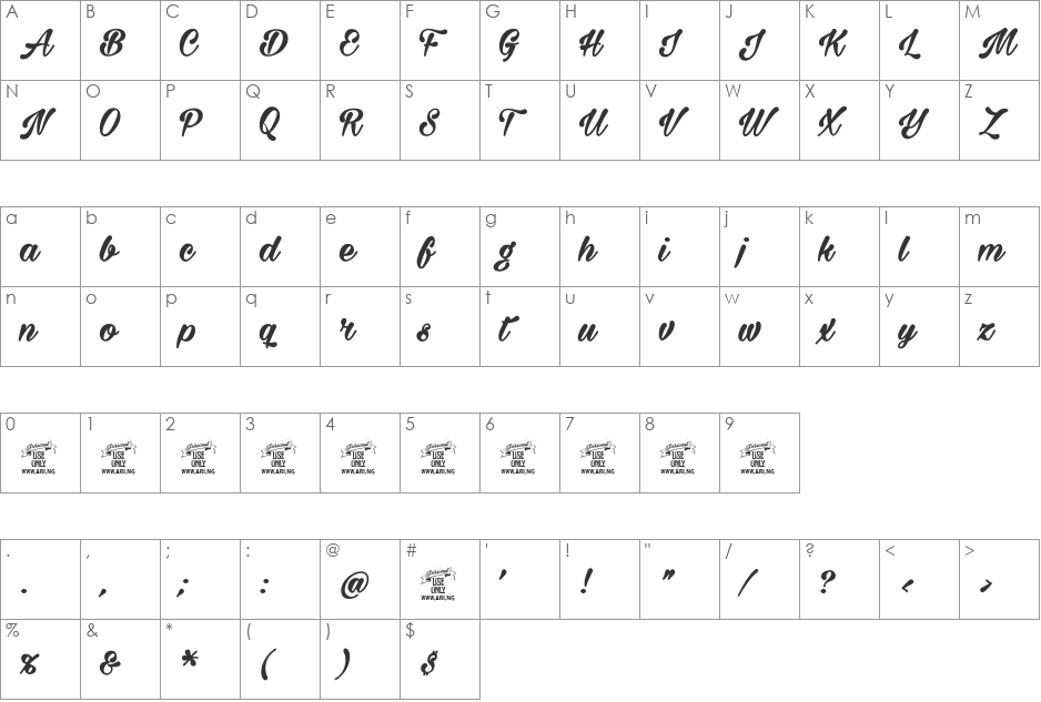 Milasian Circa Bold PERSONAL font character map preview