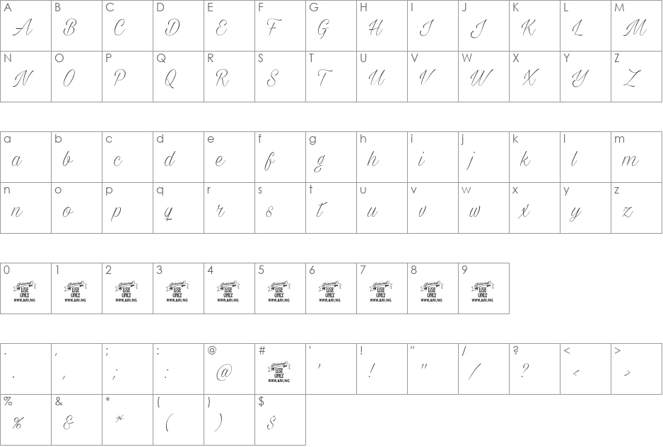 Milasian Circa Thin PERSONAL font character map preview