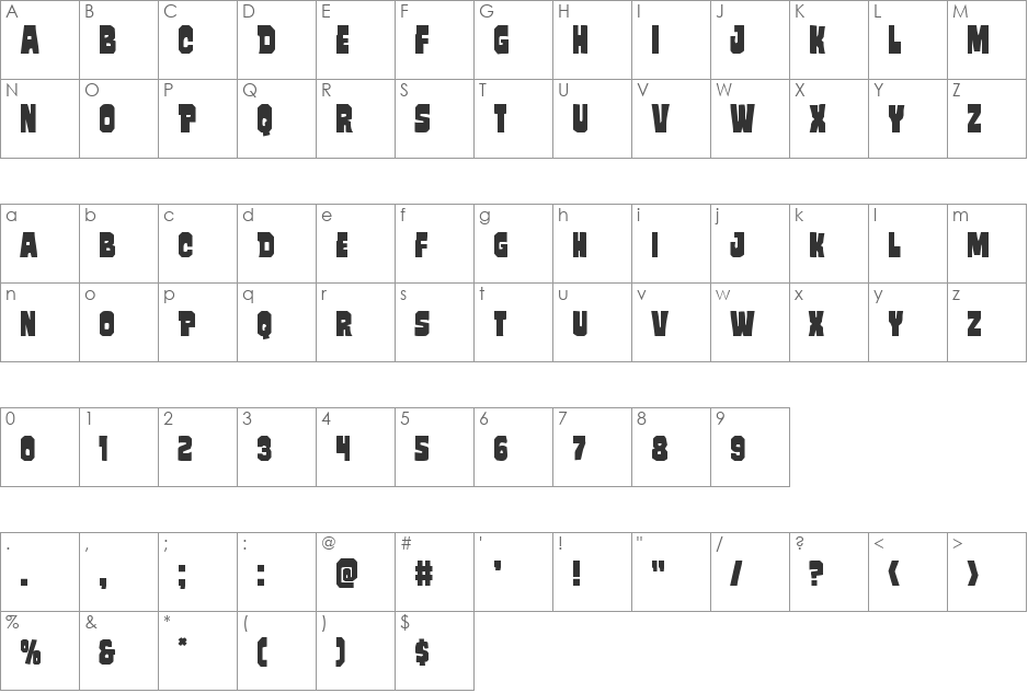 Mindless Brute Staggered font character map preview