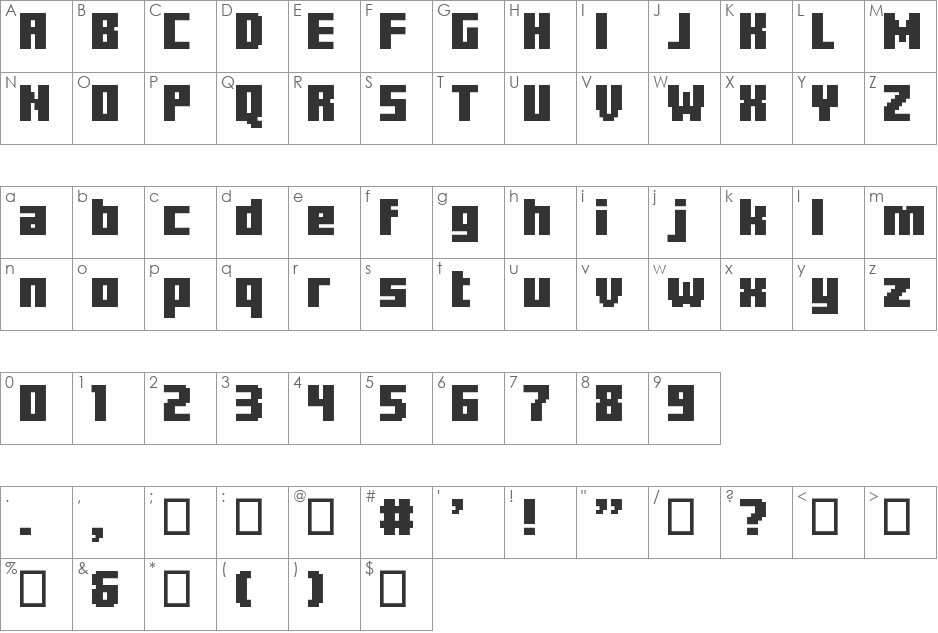 Minercraftory font character map preview