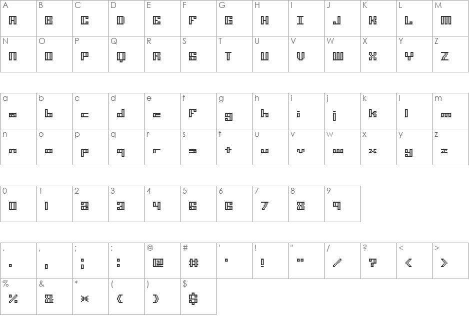 Mini Kaliber O TT (BRK) font character map preview