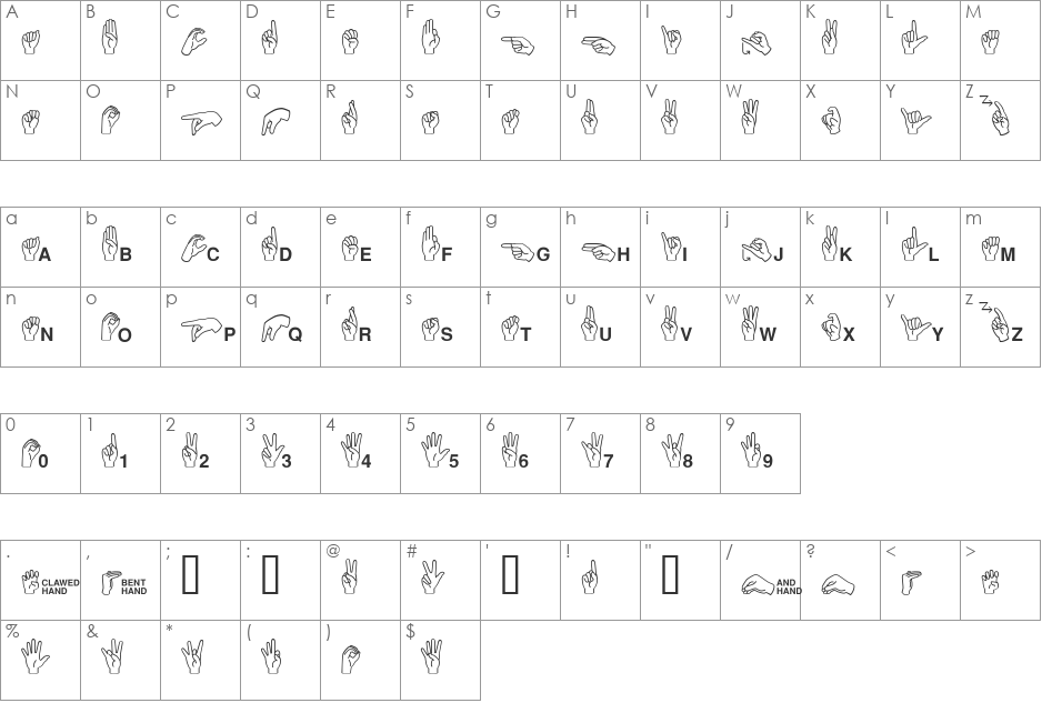 Mini Pics ASL font character map preview