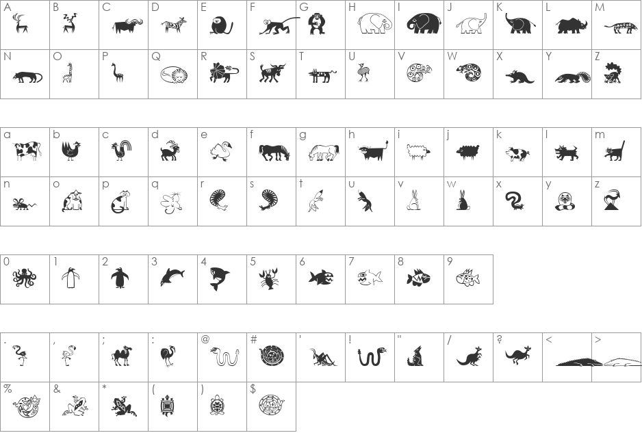 Mini Pics Lil Critters font character map preview