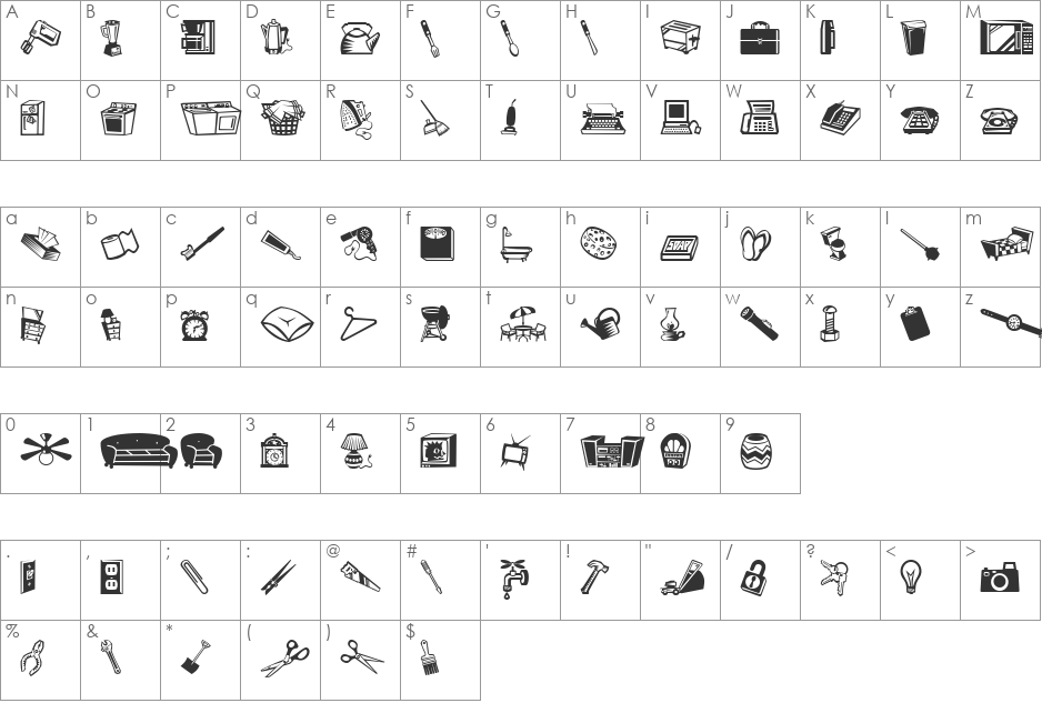 Mini Pics Lil Stuff font character map preview