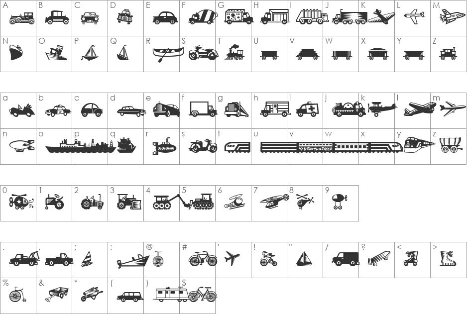 Mini Pics Lil Vehicles font character map preview