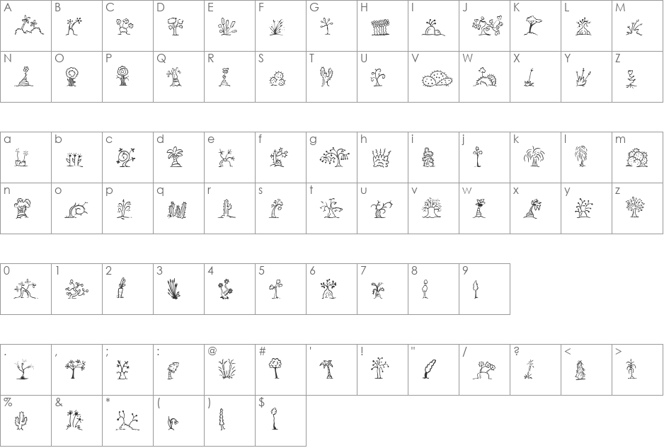 Mini Pics Uprooted Twig font character map preview
