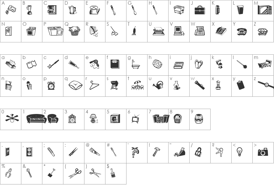 MiniPics LilStuff font character map preview