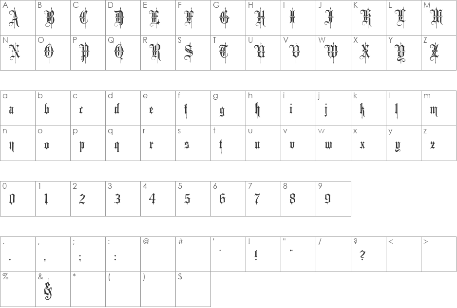 Minster No 4 font character map preview