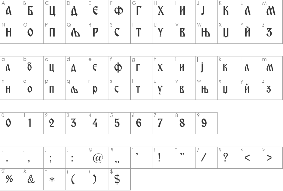 Miroslav font character map preview