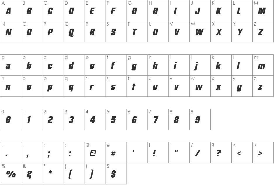 Mister Belvedere Oblique font character map preview