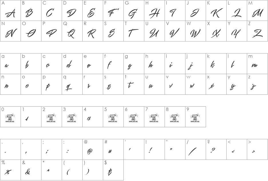 Mistuki 1 PERSONAL USE font character map preview