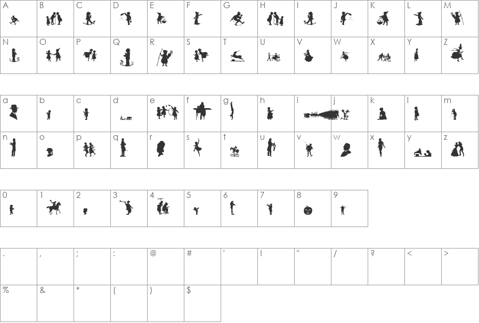 Mixed Silhouettes Six font character map preview