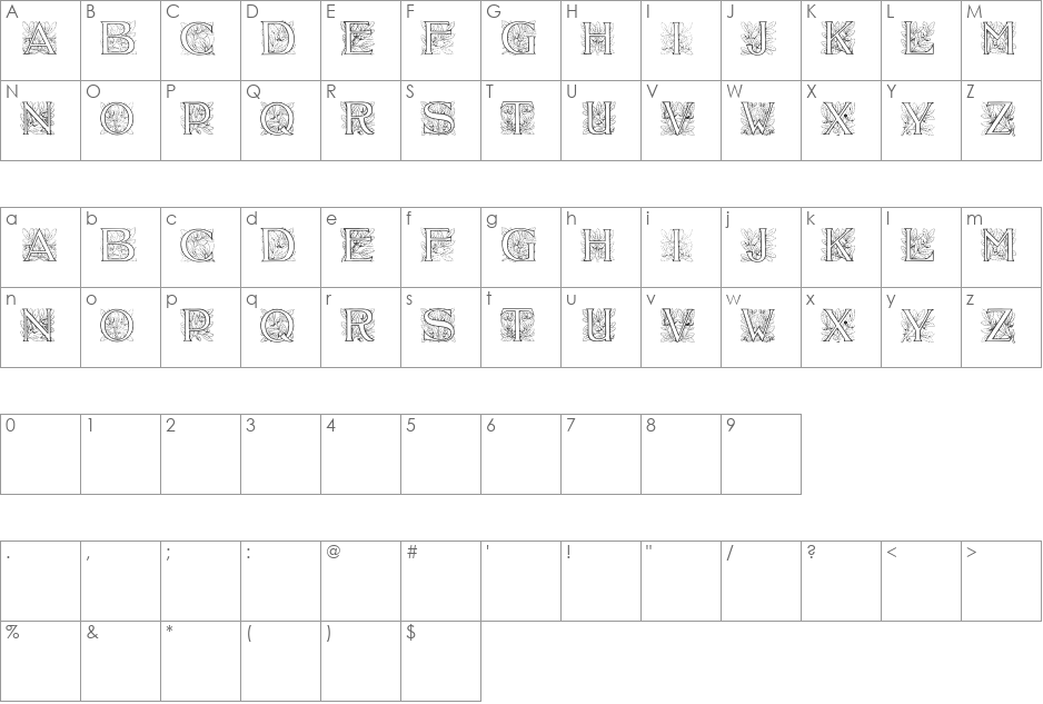 Acorn Initials font character map preview