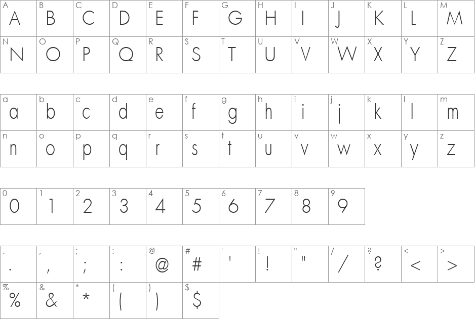 MKSansserifLightTallX font character map preview