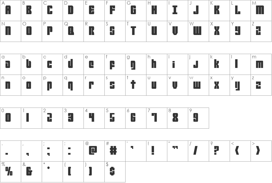 Mobile Infantry Condensed font character map preview
