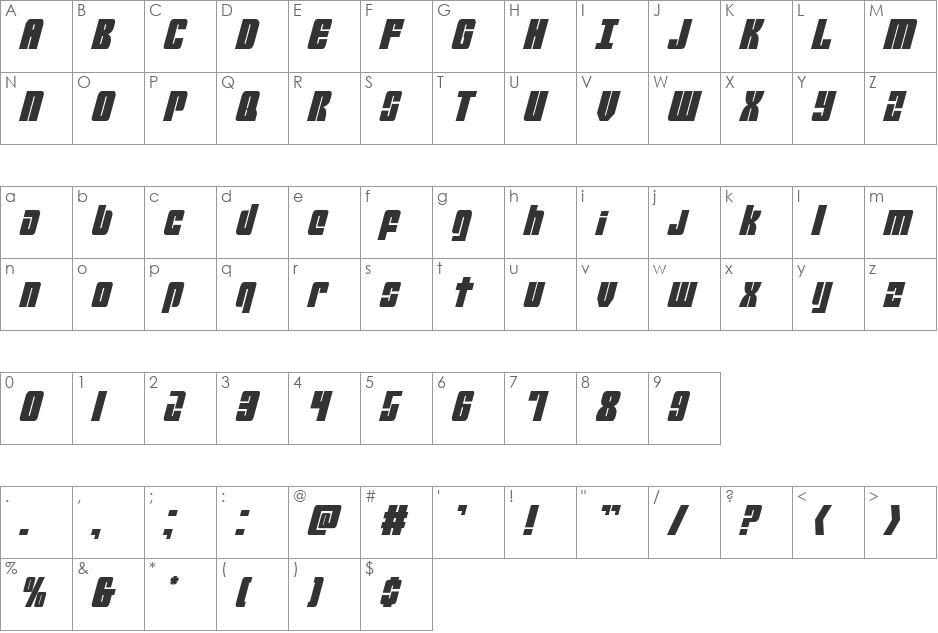 Mobile Infantry Condensed Italic font character map preview