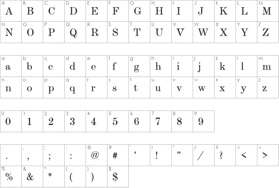 Modern Becker Extd font character map preview