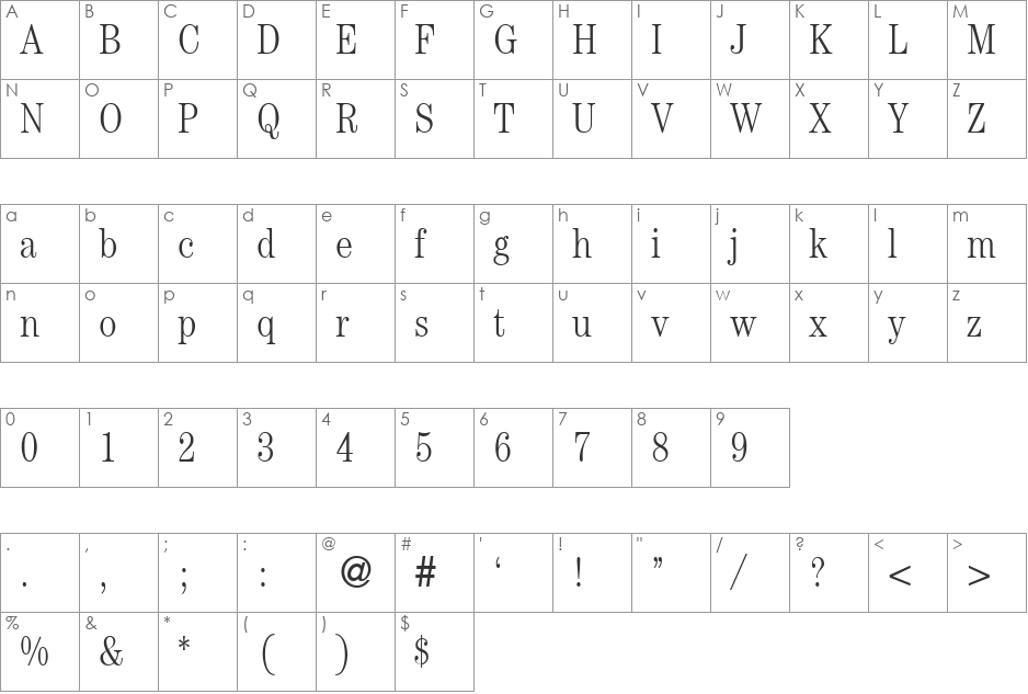 ModernCenturyCondLight font character map preview