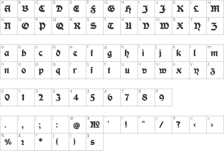 Moderne Fette Schwabacher font character map preview